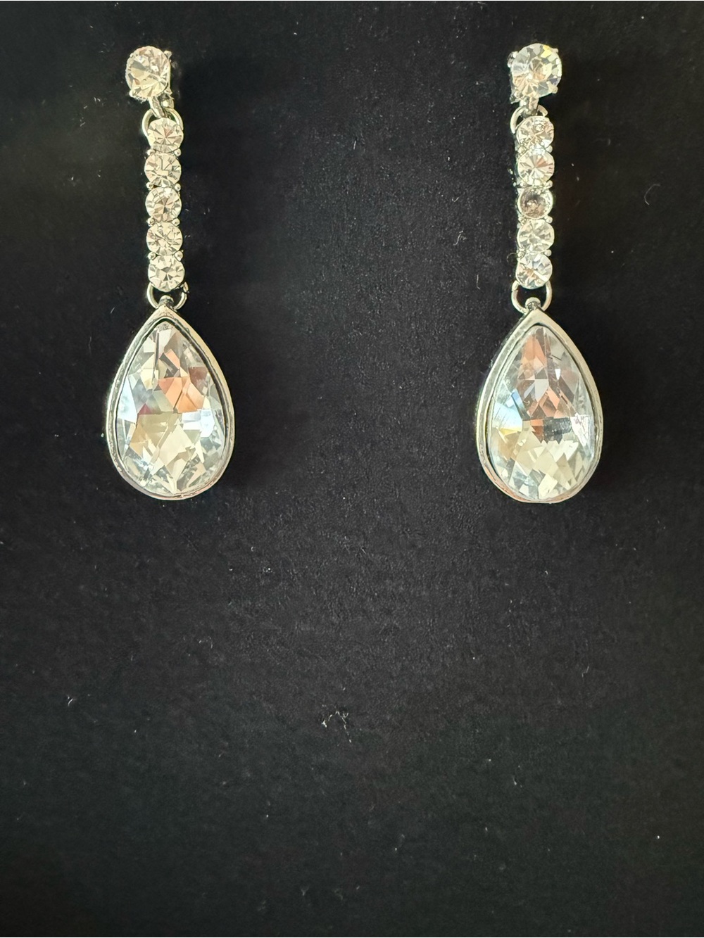 Silver Teardrop Crystal Drop Earrings - Clear Stones